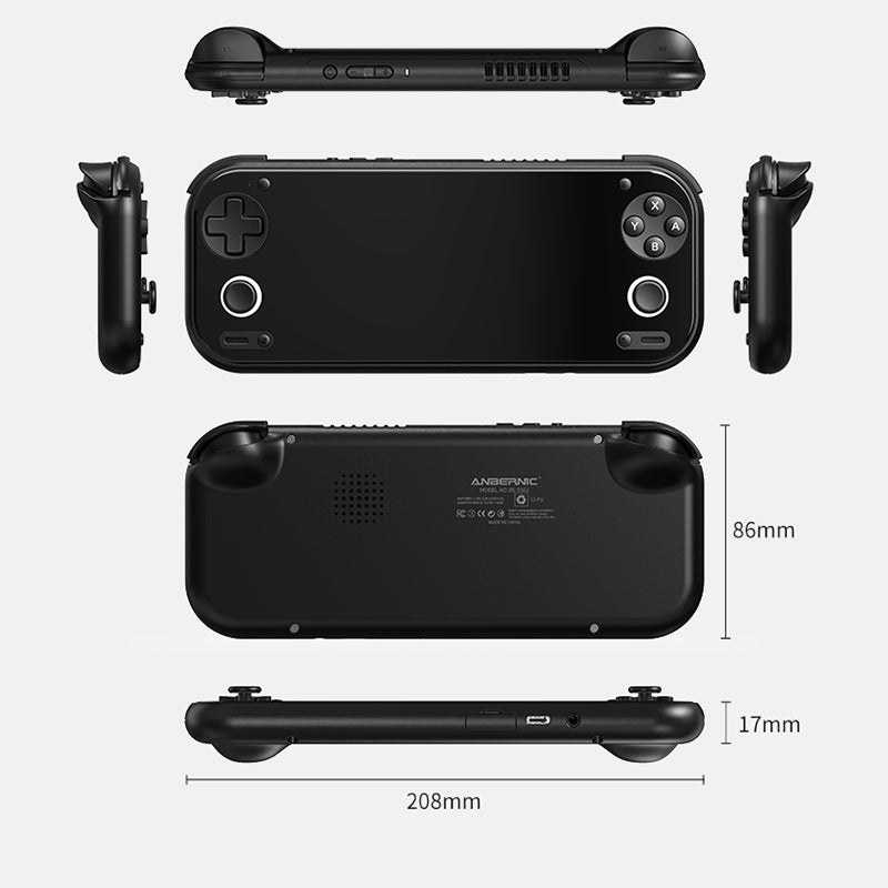 The Anbernic RG 55G1 in black from the front, back, top and both sides