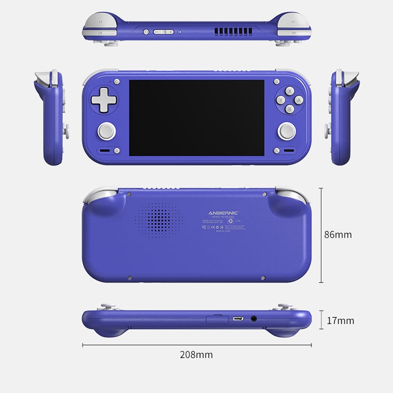The Anbernic RG 55G1 in Indigo from every side, marked 208mm wide, 86mm tall and 17mm thick