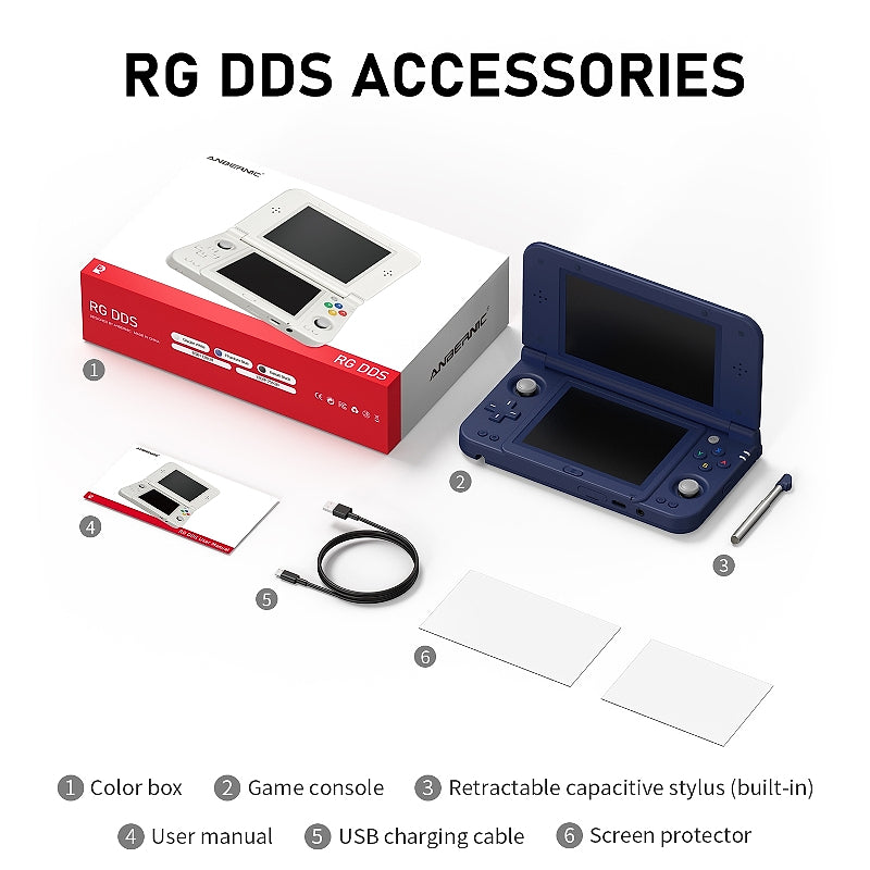 Anbernic RG DDS box contents: the colour box, the console in Phantom Blue, the retractable stylus, a user manual, a USB charging cable and two screen protectors