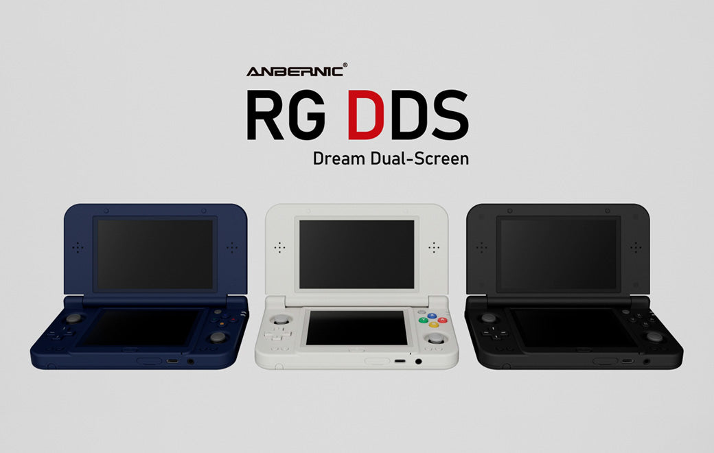The Anbernic RG DDS open in its three colours, Phantom Blue, Glacier White and Basalt Black, under the RG DDS Dream Dual-Screen logo