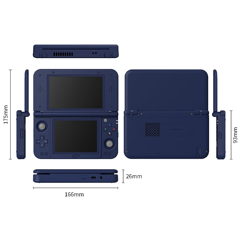 Anbernic RG DDS in Phantom Blue shown open, closed and from the side, with dimensions of 166 mm wide, 93 mm deep, 175 mm tall when open and 26 mm thick