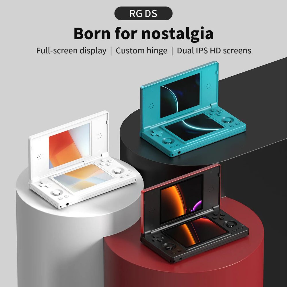Anbernic RG DS in Polar White, Turquoise Blue and Black and Crimson Red, open on display stands under the heading Born for nostalgia