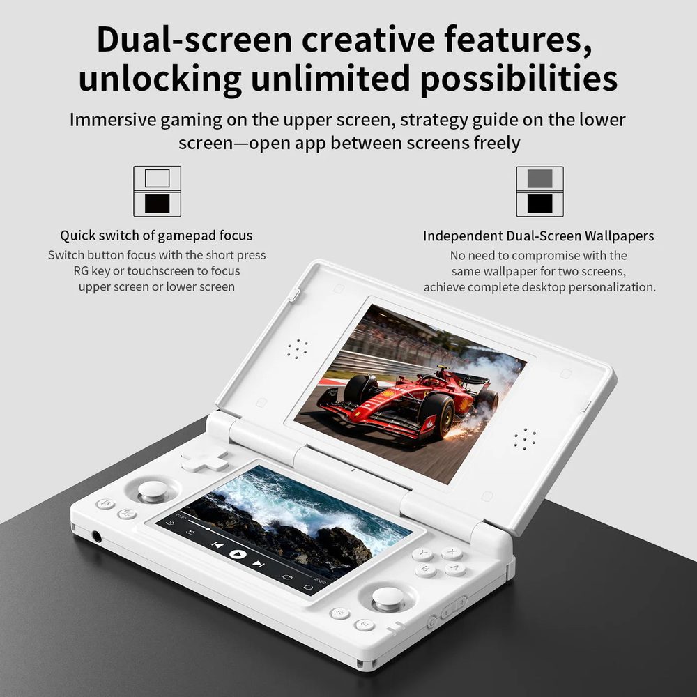 Anbernic RG DS in Polar White with a racing game on the top screen and a different app on the bottom screen, with icons for switching gamepad focus between screens