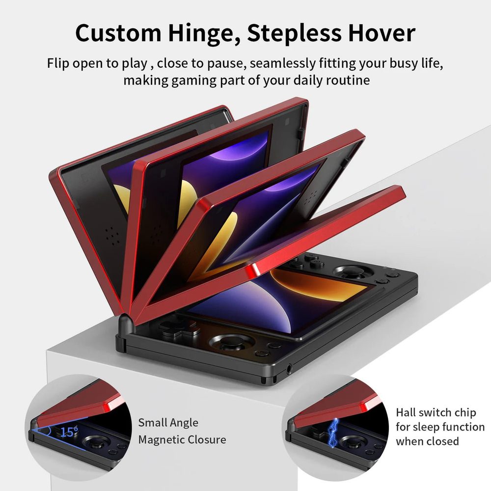 Anbernic RG DS in Black and Crimson Red shown at several hinge angles, with insets of the magnetic closure and the Hall sleep switch