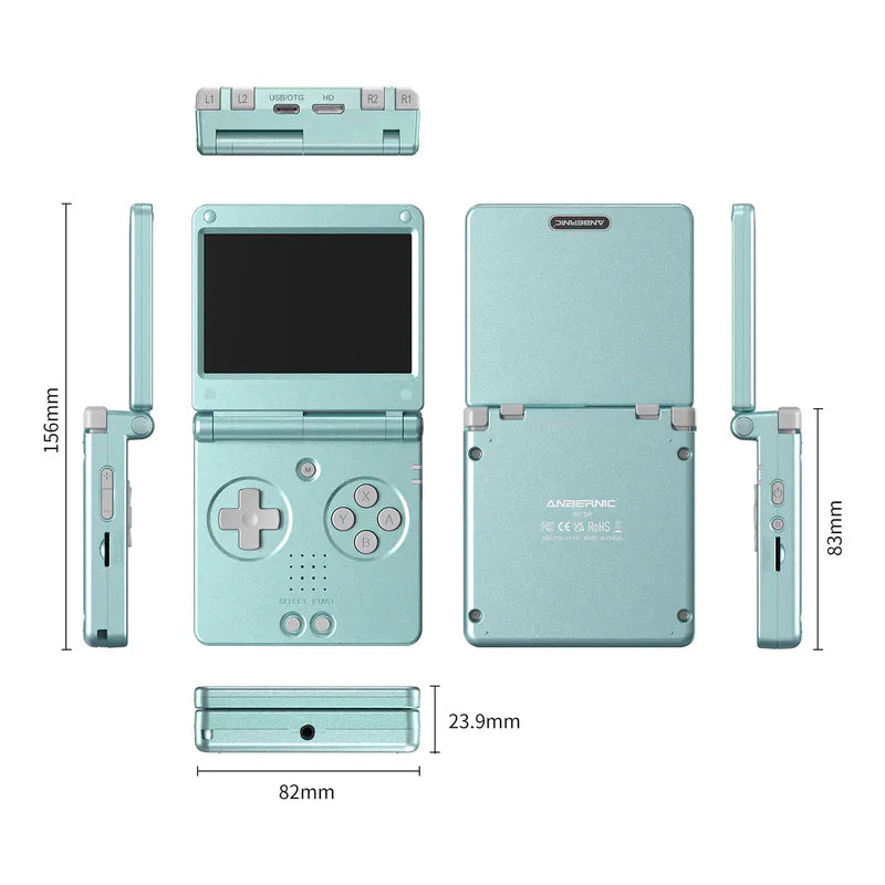 Anbernic RG SP dimension diagram showing front, back, side and top views with measurements