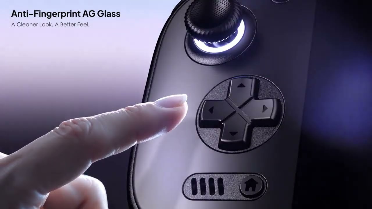 Close-up of the Odin 3 Portal's anti-fingerprint AG glass screen and D-pad