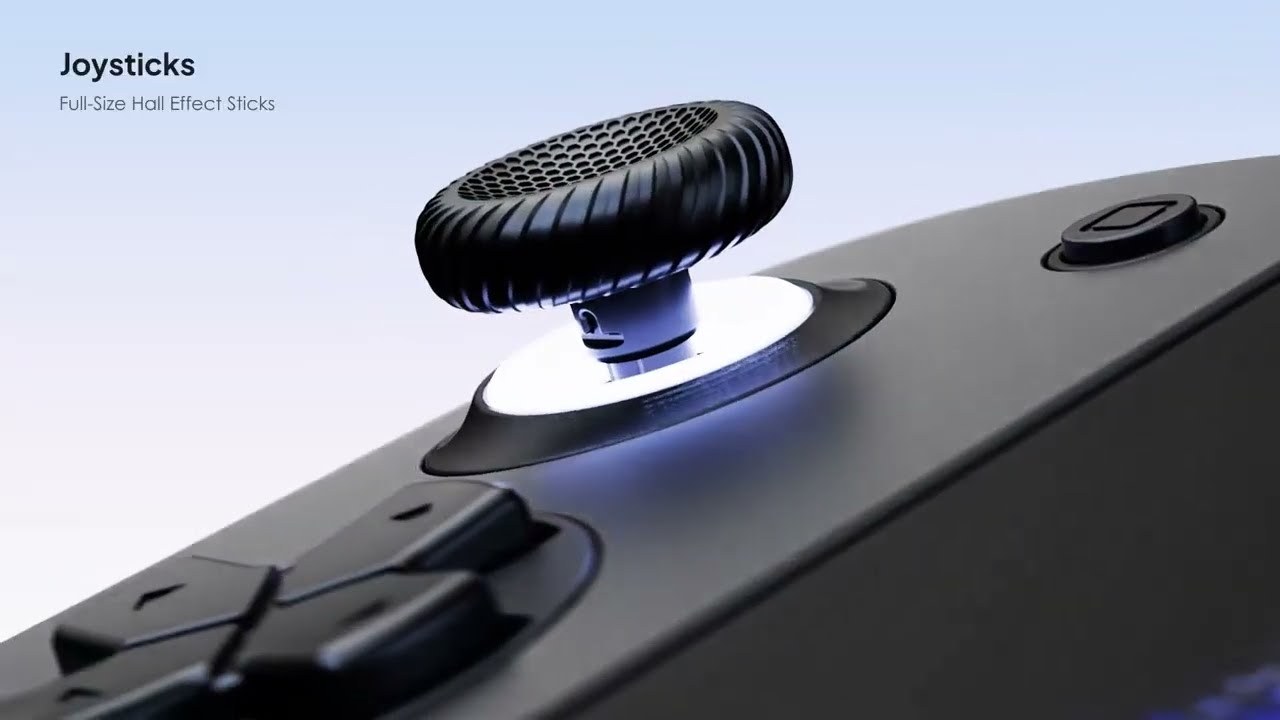 The AYN Odin 3 Portal's full-size Hall effect joystick, lit from below