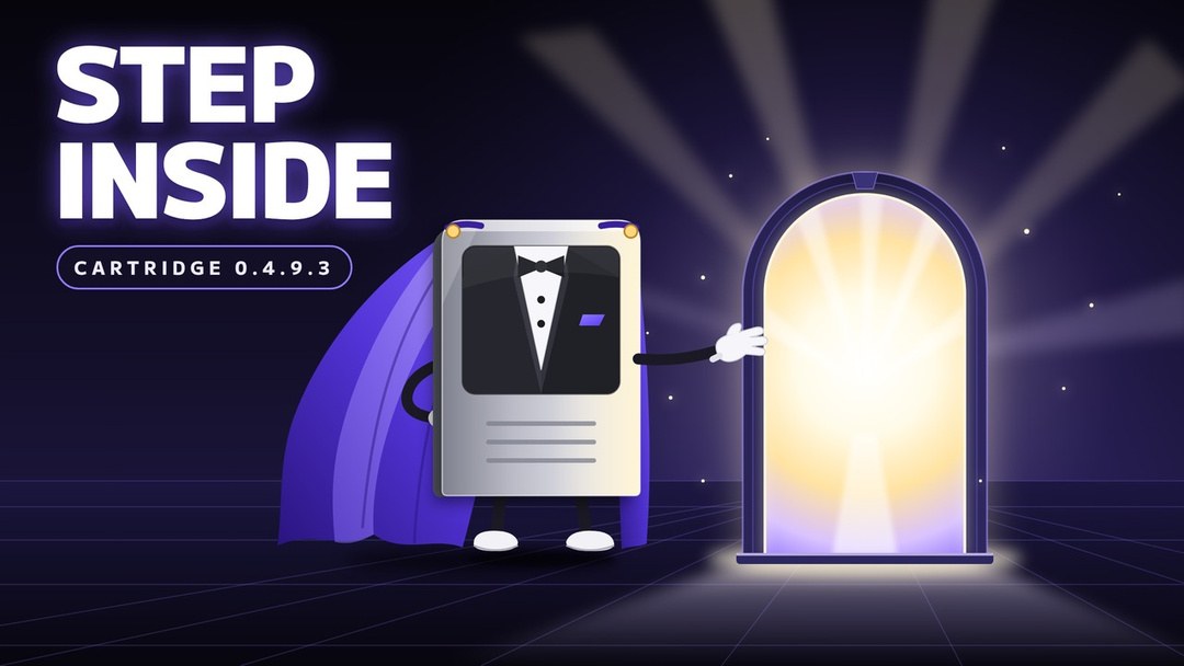 Cartridge 0.4.9.3 release artwork: a cartoon cartridge in a cape and tuxedo gesturing toward a glowing doorway