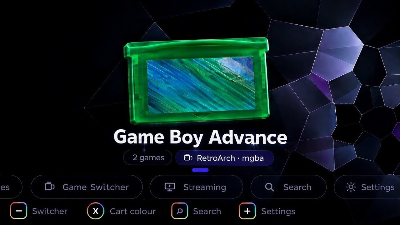 Cartridge's Game Boy Advance shelf: a green 3D GBA cartridge above the RetroArch mGBA core label, with the Game Switcher, Streaming, Search and Settings dock below