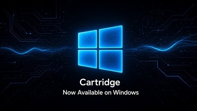 Cartridge's Windows announcement graphic: a glowing blue Windows logo above the words Cartridge, Now Available on Windows