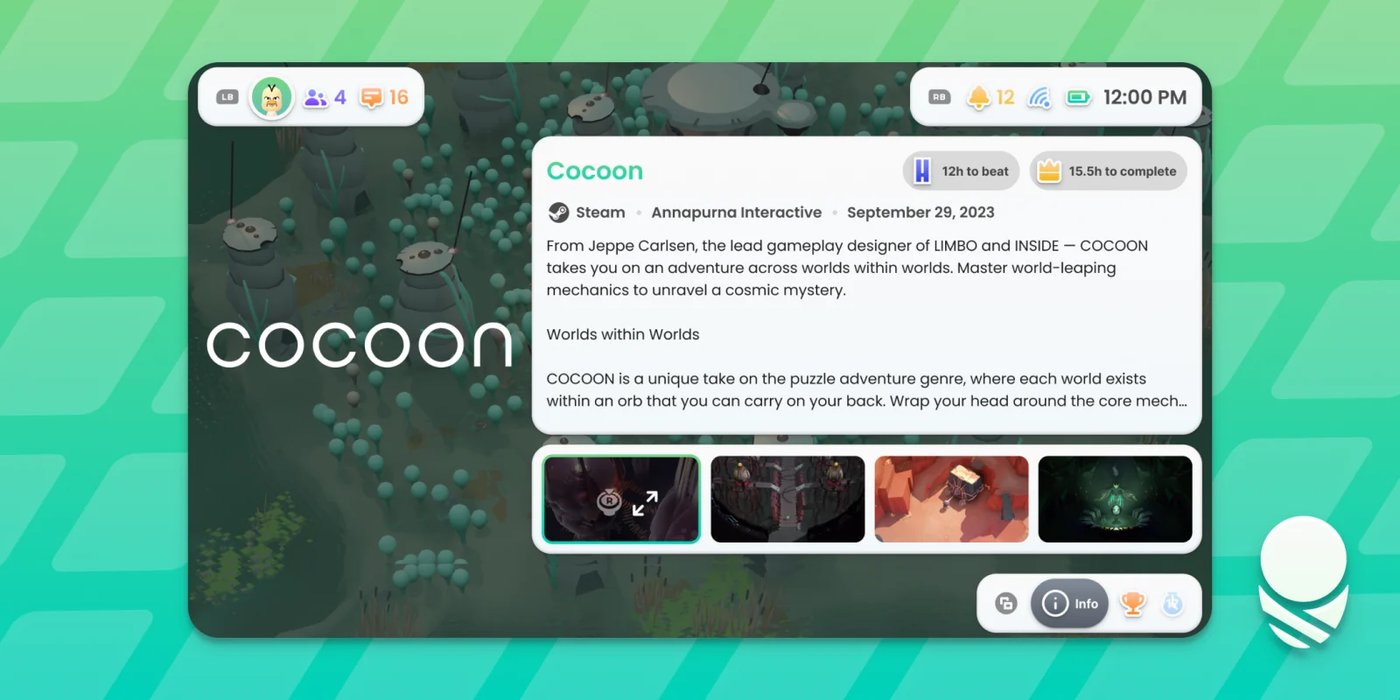 Cocoon 3 game info tab showing HowLongToBeat completion times, screenshots and a game description