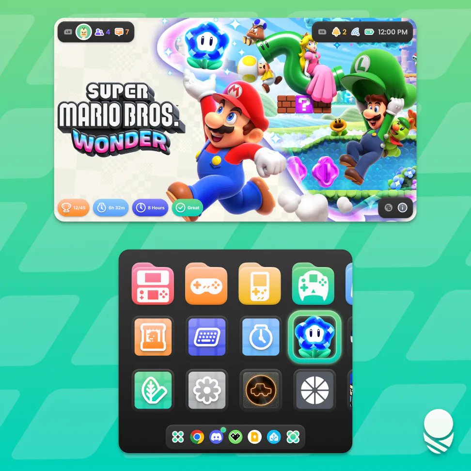 Cocoon 3 home screen on a dual-screen layout: Super Mario Bros. Wonder hero art with playtime and achievement badges on the top screen, coloured platform folders and Pod shortcuts on the bottom screen