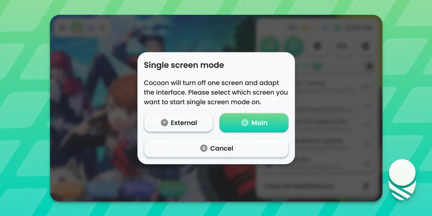 Cocoon's Single Screen Mode dialog asking whether to keep the main or external screen on