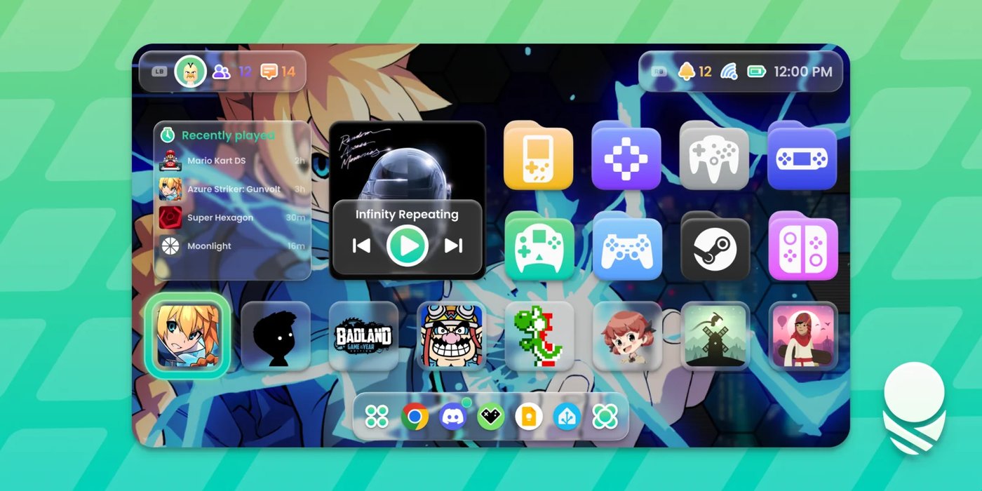 Cocoon 3 home grid with a clock, a music player and a Recently Played widget placed between game tiles