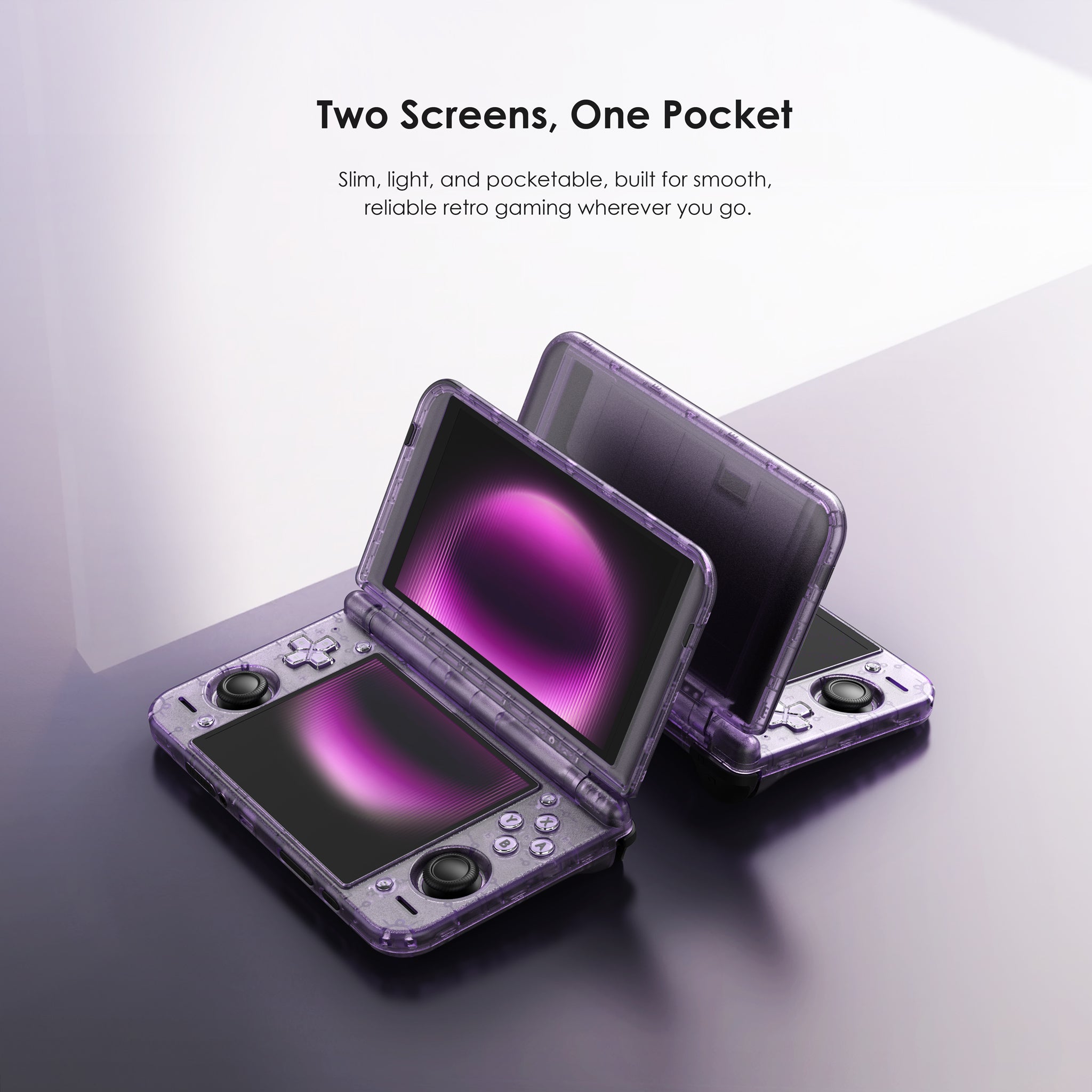 Retroid Pocket Duo in purple, open, showing both AMOLED screens