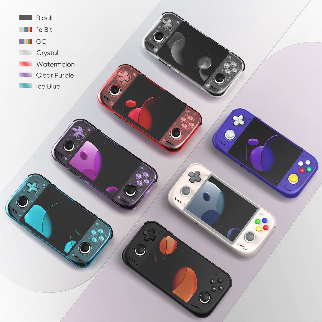 All seven Retroid Pocket Nova colours laid out: Black, 16Bit, GC, Crystal, Watermelon, Clear Purple and Ice Blue