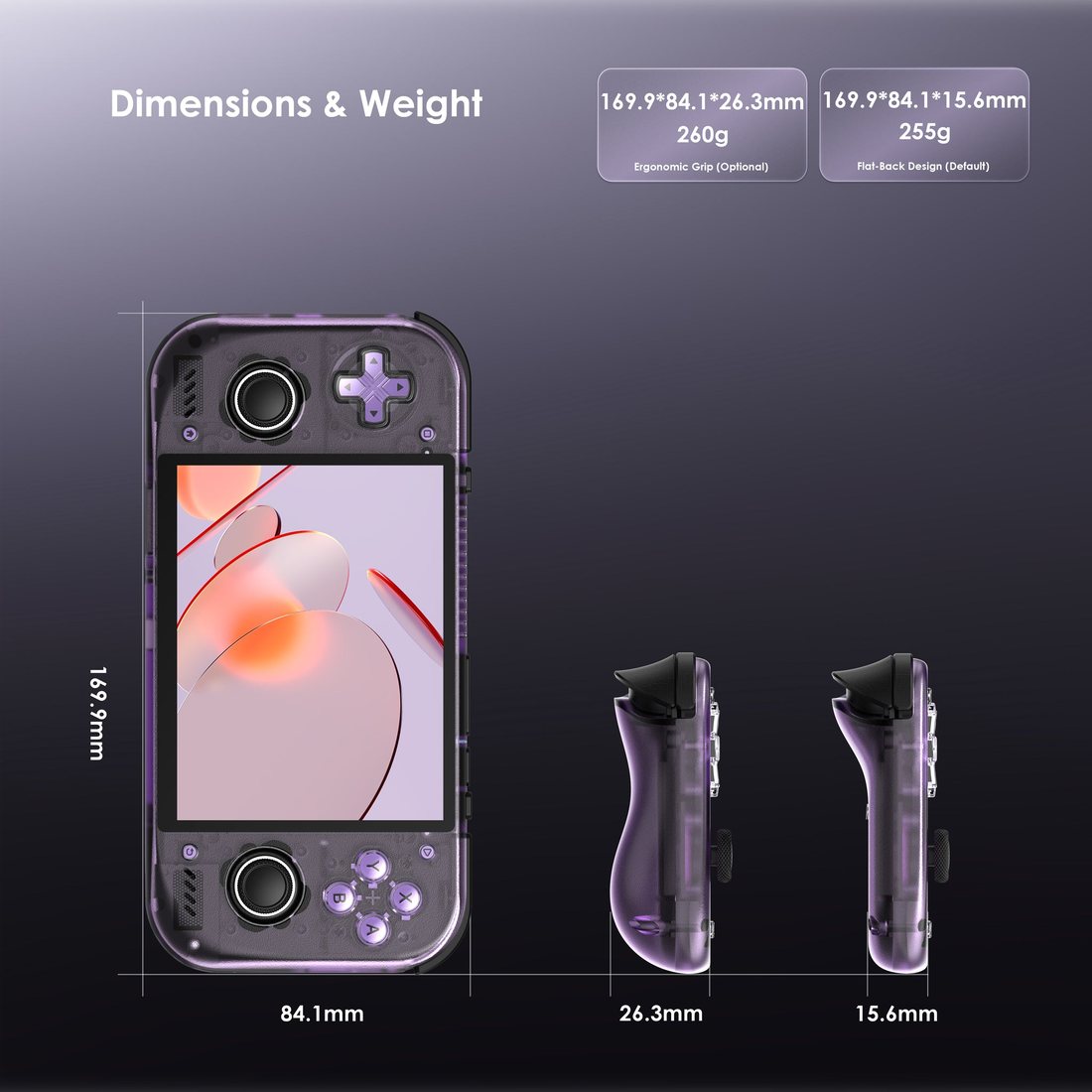 Retroid Pocket Nova dimensions: 169.9mm wide, 84.1mm tall, 15.6mm thick with the flat back shell at 255g, or 26.3mm and 260g with the ergonomic grip shell