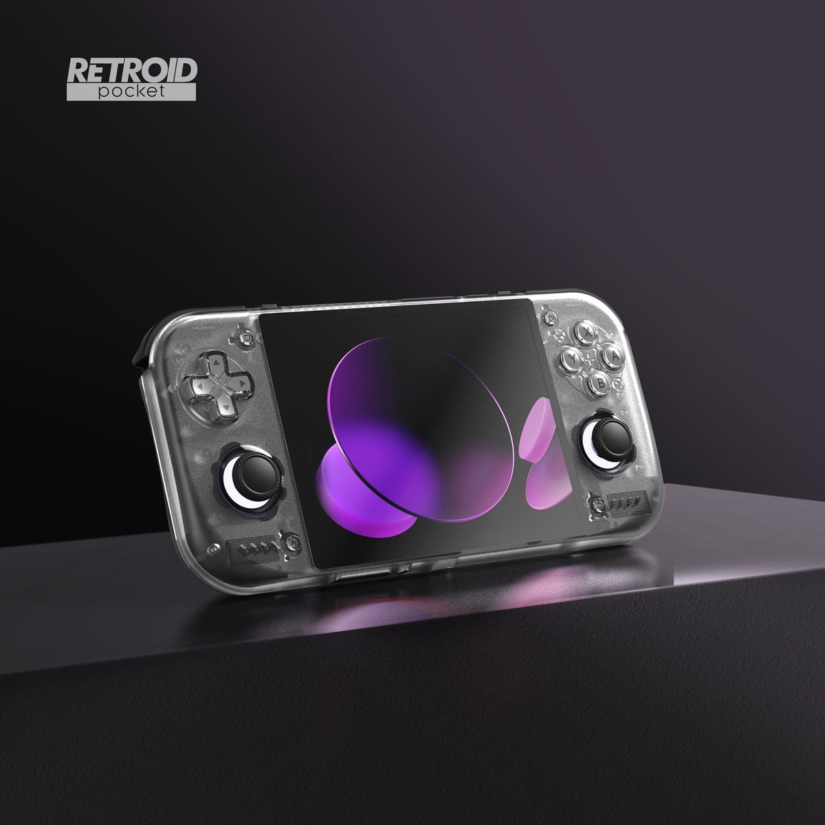 Retroid Pocket Nova in the translucent Crystal colour, a landscape handheld with a 4.5-inch 4:3 AMOLED screen, D-pad, two sticks and four face buttons