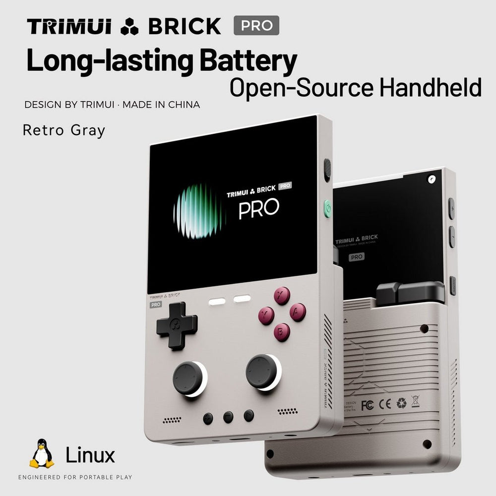 TrimUI Brick Pro body, showing the matte texture, RGB shoulder buttons and rear panel